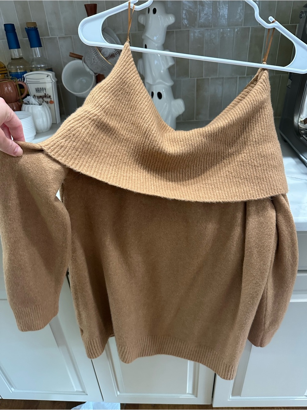 Express Off-the-Shoulder Camel/Tan Foldover Sweater